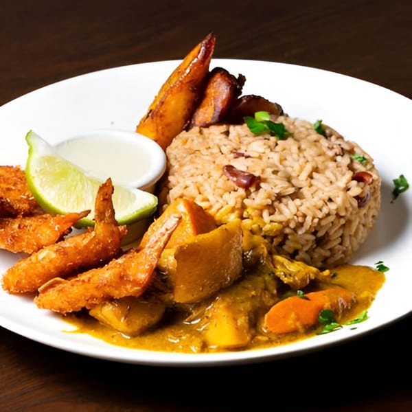 A Jamaican curry chicken dish with rice and peas, fried plantains, and fried shrimp.
