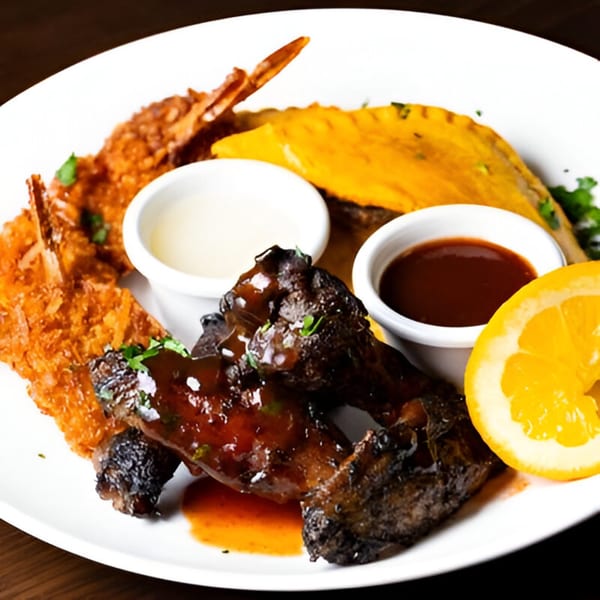 A Jamaican platter with fried shrimp, a golden patty, saucy ribs, two dipping sauces, and an orange slice.
