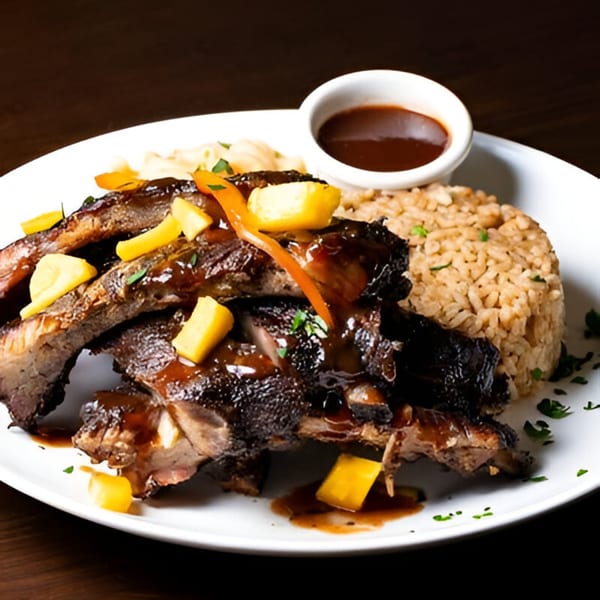 Jamaican jerk ribs with pineapple, rice and peas, and a side of sauce on a white plate.