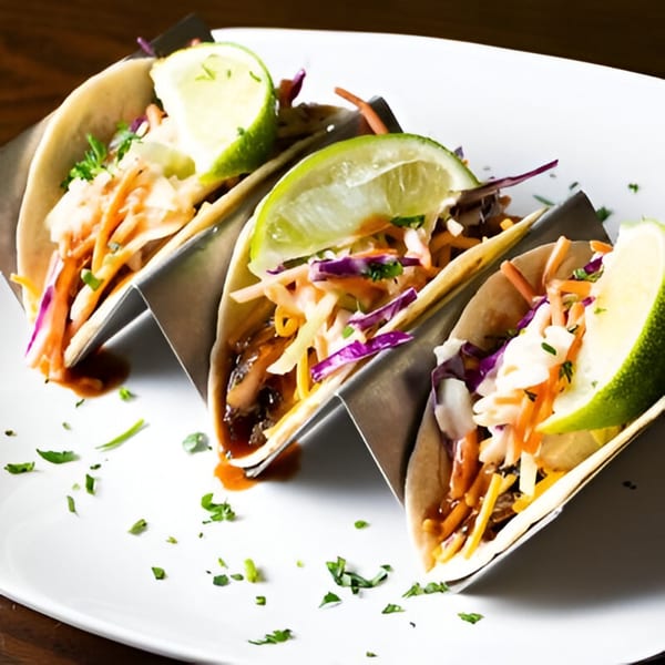 Three Jamaican tacos with meat, slaw, and lime wedges, served on a white plate.