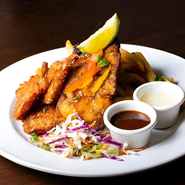 A Jamaican jerk chicken and fried shrimp platter with fries, coleslaw, and dipping sauces.