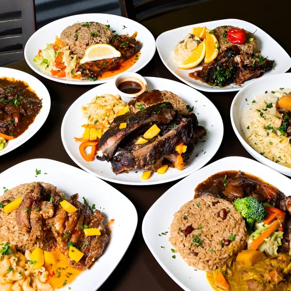A table filled with various Jamaican dishes, including ribs, rice, and mac and cheese.