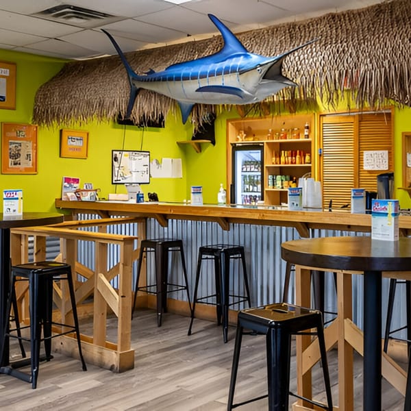 A Jamaican restaurant interior with a large blue marlin decoration, bar seating, and lime green walls.
