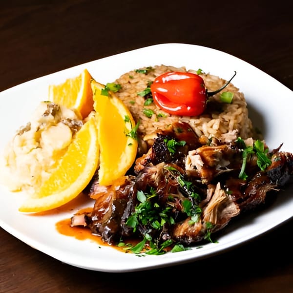 Jamaican jerk chicken with rice and peas, mashed potatoes, orange slices, and a red pepper.