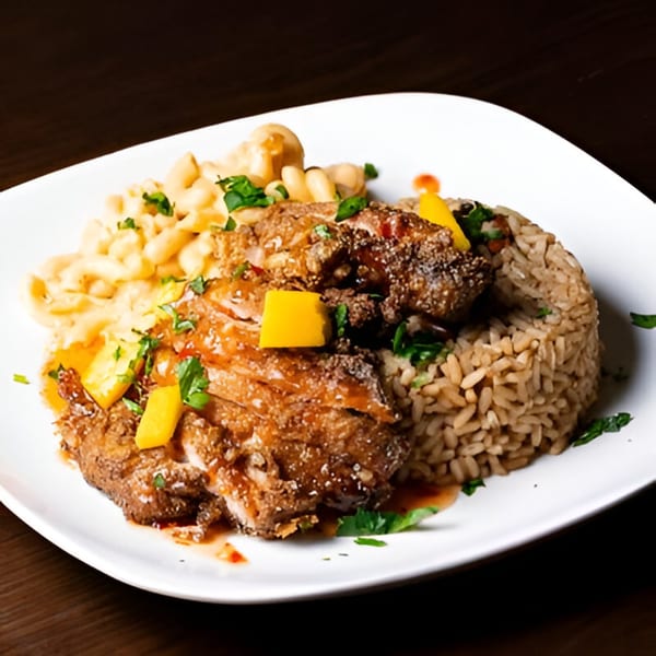 Jamaican jerk chicken with rice and peas, mac and cheese, and mango on a white plate.